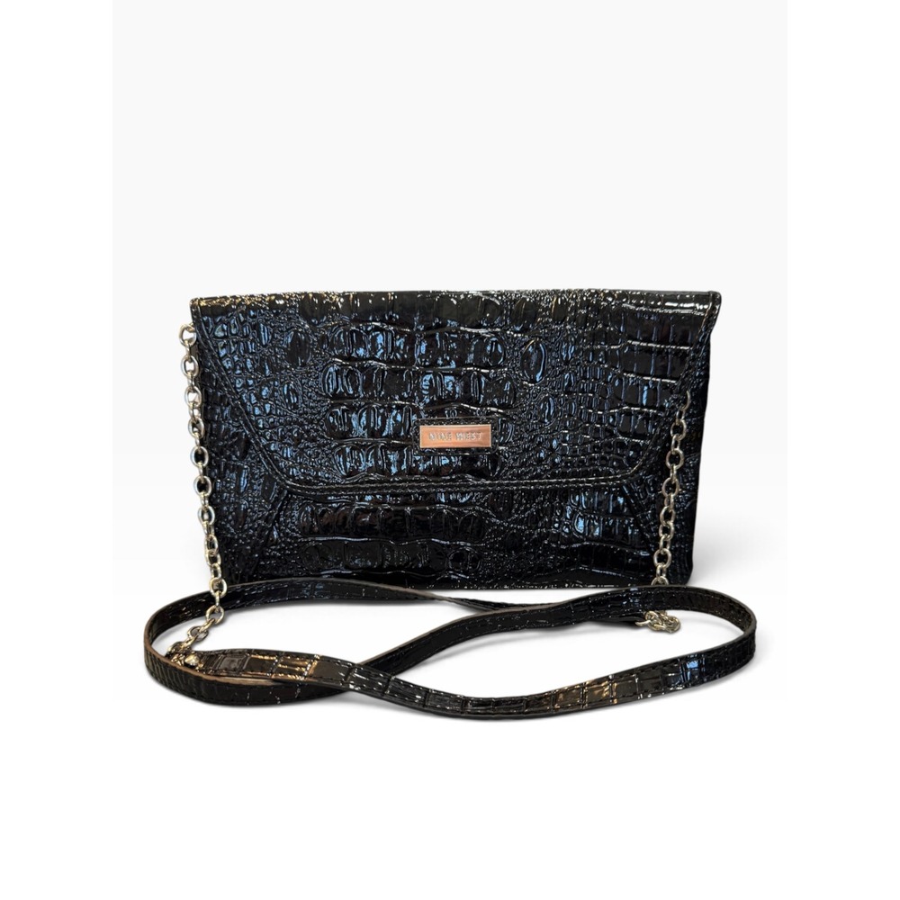 Nine West Black Faux Crocodile Embossed Patent Crossbody Bag Envelope Clutch